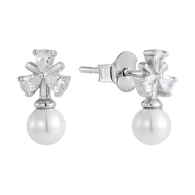 Dainty Pearl & CZ Floral Stud Earrings