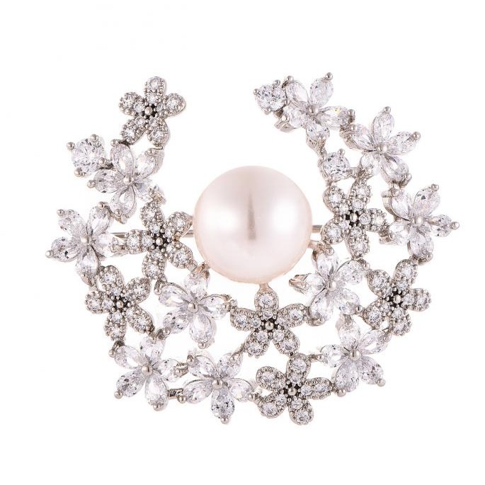 Diamond Blossom Wreath Brooch with Pearl Center